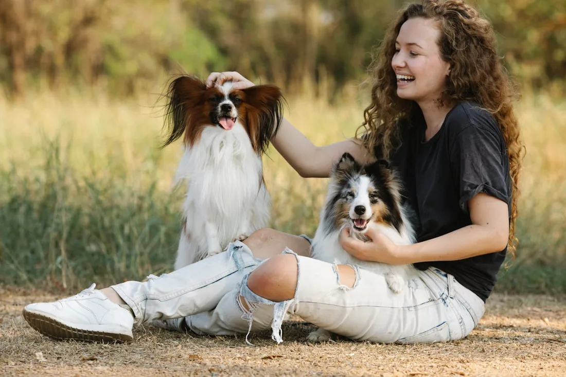 Sitter spending time outdoors with dogs